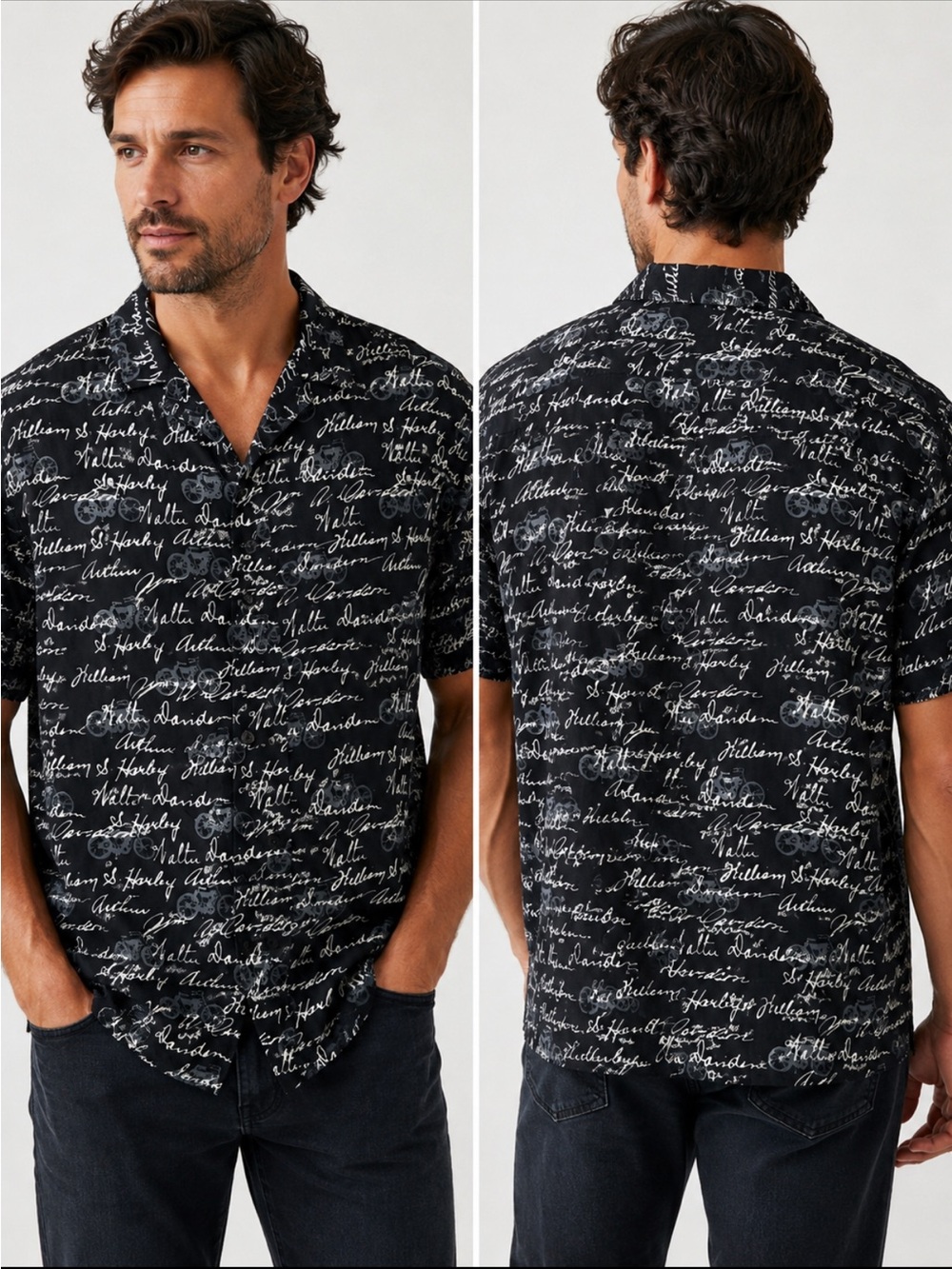 Harley-Davidson Black Short Sleeve Script-Print Button-Down Shirt